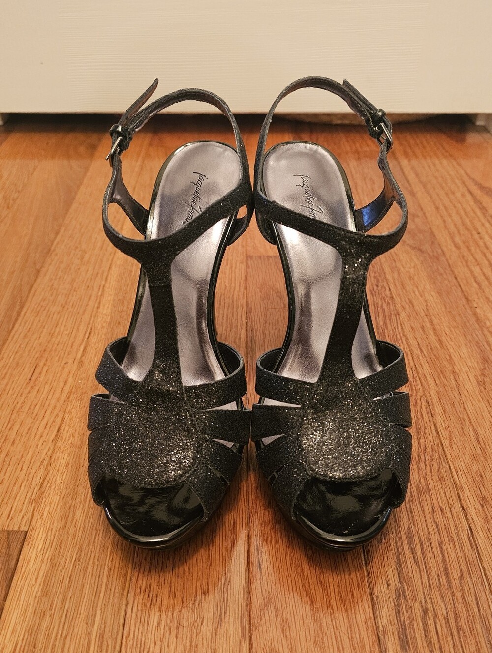 Women's Black Glitter T-Strap Heels
